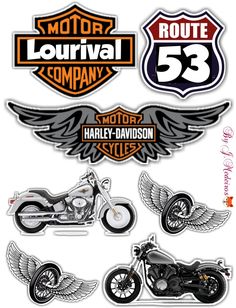 several stickers depicting different types of motorcycles and the number 53 on each one side