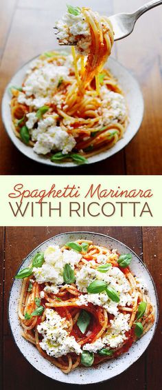 spaghetti marinara with ricotta and spinach is served on a white plate in front of a wooden table