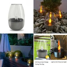 several different types of outdoor lighting in various styles and colors, including water fountain, fire pit