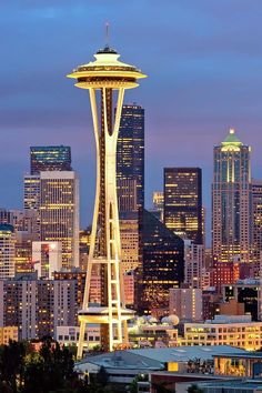 the space needle in seattle is lit up at night, with skyscrapers behind it