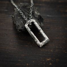 Unique Rectangular rough shape Handmade Sterling Silver 925 Necklace. The silver necklace was oxidized to create more antique rustic look. It is a unisex necklace so it fits both men and women. ❤ Every piece is a unique artwork carefully crafted by my own hands. Because of this, every piece is unique. So there might be slight variations in shape or color. You can choose different Silver chain length for this pendant or if you like you can choose Adjustable black cotton cord instead. ✦ Shipping: Sterling Silver Brutalist Necklace For Gift, Rustic Silver Necklace For Gift, Mens Handmade Jewelry, Mens Chain Bracelet, Gift Boyfriend, Jewelry Design Inspiration, Pagan Jewelry, Mens Silver Necklace, Mens Jewelry Necklace