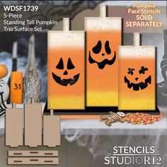 From StudioR12 - Standing Rectangular Pumpkin Trio Surface - SHIPS FAST! USA MADE! These precision cut pumpkin-shaped wood MDF surfaces are ready for paint, glue, decoupage, & more! Create your own painted wood signs. Makes the perfect addition to your next Fall DIY project or existing Halloween decor!

Set includes five total pieces: three pumpkin surfaces and two base pieces.

Approximate Assembled Size: 
12 3/8" Tall x 12 3/4" Wide
*Pumpkins range in size from 9.5" tall to 12 3/8" tall. Typography Stencil, Chalk Typography, Face Stencils