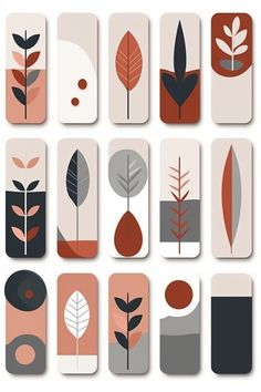 a set of nine bookmarks with different shapes and leaves on them, all in shades of