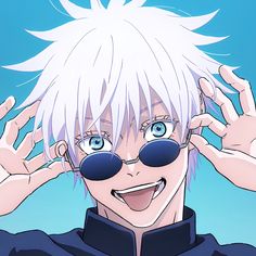 an anime character with white hair and blue eyes wearing black sunglasses, holding his hands behind his head