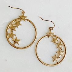 Circle Star Dangle Earrings Hoop With Stars, Girls’ Favorite Combinations For Earrings! Worn Gold Finish. 1.25 Inch X 1.75 Inch Lead Compliant Adjustable Hoop Earrings With Star Charm, Celestial Star-shaped Hoop Earrings For Everyday, Everyday Celestial Star Hoop Earrings, Star-shaped Hoop Earrings For Everyday, Gold Star Hoop Earrings For Party, Gold Star-shaped Hoop Earrings For Party, Gold Star-shaped Metal Hoop Earrings, Star-shaped Earrings With Ear Wire For Everyday, Turquoise Stone Earrings