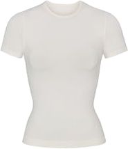 Fitted Cap Sleeve T-shirt For Summer, White Fitted T-shirt With Cap Sleeves, Classic Fitted Short Sleeve Top, White Short Sleeve Stretch Bodysuit, White Stretch Short Sleeve Bodysuit, Classic Stretch Top With Short Sleeves, Casual Cotton Short Sleeve Crew Neck Bodysuit, White Fitted Short Sleeve Scoop Neck Top, White Fitted Scoop Neck Short Sleeve Top