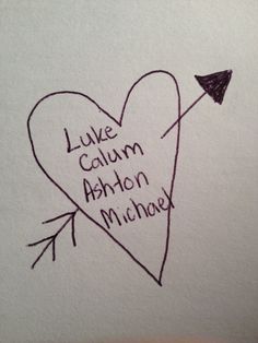 a drawing of a heart with an arrow and the words luke callum ashton michael written on it