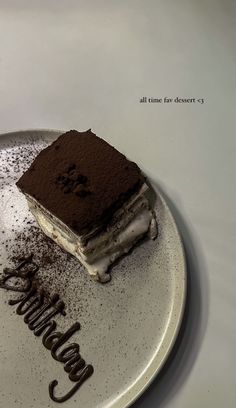 a piece of cake on a plate with chocolate frosting and the words, all time for dessert 3