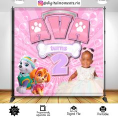 a pink backdrop with paw patrol characters on it