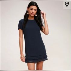 No Flaws! Blue Shift Mini Dress With Short Sleeves, Navy Short Sleeve Mini Dress For Summer, Navy Casual Mini Dress With Short Sleeves, Elegant Blue Crew Neck Dress, Blue Crew Neck Mini Dress For Summer, Blue Casual Mini Dress With Short Sleeves, Navy Crew Neck Dress, Blue Crew Neck Mini Dress For Spring, Spring Blue Crew Neck Dress