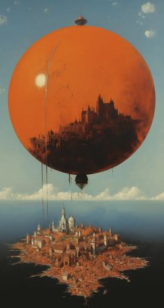 an orange balloon floating over a city in the sky