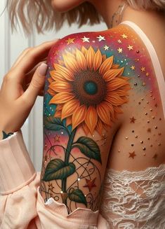 a woman with sunflower tattoo on her arm