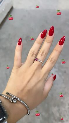 Simple Red Almond Nails, Scarlett Red Nails, Guatemala Nails Designs, Red Gel X Nails Almond, Cherry Aura Nails, Candy Apple Red Nails Acrylic, Red Cherry Nails Acrylic, Cute Nail Aesthetic, Almond Red Acrylic Nails