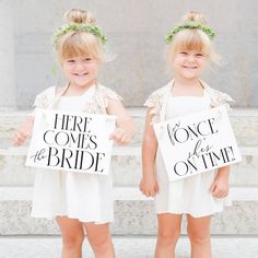 Create an unforgettable walk down the aisle with Ritzy Rose's charming wedding sign duo, featuring the classic "Here Comes the Bride" alongside the playful "For Once She's On Time!" These elegantly scripted signs will bring smiles and a touch of humor as your ring bearers or flower girls announce the bride's arrival, making for a memorable and photo-perfect moment. For over 10 years people have trusted Ritzy Rose on Etsy with their sign needs. FEATURES & BENEFITS * PRODUCT DETAILS: Paper signs a Flower Girl Ring Bearer, Girl Ring Bearer, Funny Wedding Signs, Flower Girl Signs, Wedding Ring Bearer Boxes, Ring Bearer Flower Girl, Wedding Ceremony Ideas, Wedding Ceremony Signs, Ceremony Signs