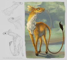 an artist's rendering of a giraffe and other animals in various poses