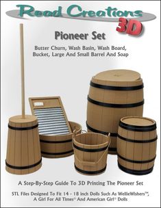 an advertisement for a 3d printer set with barrels and buckets on the bottom,