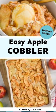 an easy apple cobbler recipe with apples in the background and text overlay that says easy apple cobbler