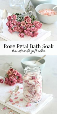 rose petal bath soak in a glass jar with pink flowers on the side