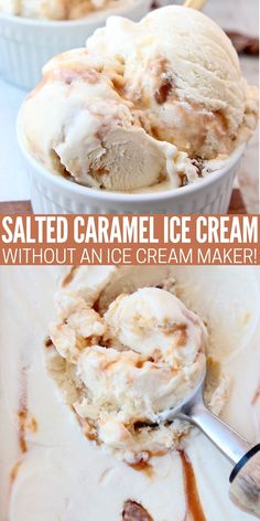 scoops of salted caramel ice cream in bowl and ice cream scoop No Churn Caramel Ice Cream, Caramel Ice Cream Recipe, Ice Cream Sauce, Creamy Ice Cream, Ice Cream Smoothie, Salted Caramel Ice Cream