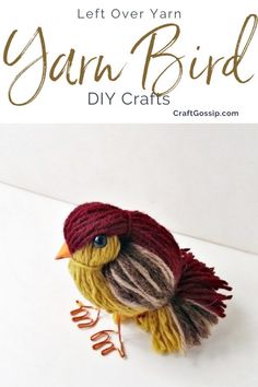 yarn bird sitting on top of a white surface with text overlay that reads, left over yarn yarn yarn yarn yarn yarn yarn yarn yarn yarn