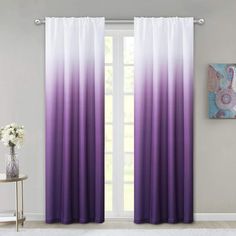 purple and white curtains in a living room