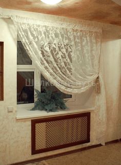 a window with curtains and a plant in it