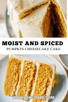 the most and spiced pumpkin cheesecake cake is cut in half on a plate