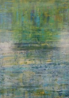 an abstract painting with blue, green and yellow colors on the water's surface