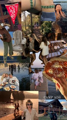 a collage of photos with people eating pizza and drinking beer, swimming in the water