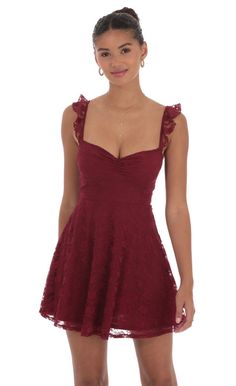 Lace Ruffle Strap A-Line Dress in Burgundy | LUCY IN THE SKY Dark Red Homecoming Dresses, Red Semi Formal Dress, Maroon Mini Dress, Semi Dresses, Red Homecoming Dresses, Sorority Outfits, Neck Bodycon Dress