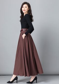 "Get dressed and out of the door in classic good looks with this pleated Long maxi skirt, crafted with soft cotton linen fabric, featuring pleated waist detail and two big pockets. DETAIL * More color available https://etsy.me/3gLwNaL * 50% linen,50% cotton * Not see through * Pleated around waist * Two pockets * Belt loops on waistband * Right Side zipper closure * Perfect for spring and summer, autumn * More color SIZE GUIDE Size vary between Brand and Country Please get your body measurement Shirts With Skirts, Brown Long Skirt, Elegant Full Brown Skirt, Brown Full-length Skirt For Spring, Brown Long Skirt Outfit, Elegant Long Brown Pleated Skirt, Long Brown Skirt Outfit, Brown Pleated Skirt Outfit, Brown Maxi Skirt Outfit