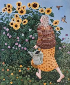 a painting of a woman watering flowers with birds flying around her and the sunflowers in the background