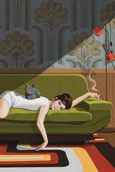 a painting of a woman laying on a green couch with a cat in her lap