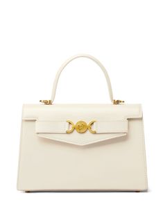 white calf leather Medusa plaque detail logo stamp to the rear gold-tone hardware foldover top with magnetic fastening adjustable detachable shoulder strap single flat top handle main compartment internal slip pocket internal logo stamp metal feet White Top Handle Bag, White Luxury Bag, Classy Bags For Women, White Designer Bag, Turkey Shopping, Versace Bag, Gold Handbag, Expensive Bag, Best Designer Bags