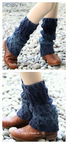 the legs and leg warmers are knitted in blue yarn, with brown leather shoes