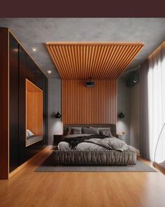 a large bed sitting in the middle of a bedroom next to a wooden wall and floor