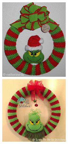 crocheted christmas wreaths with green and red yarn on the front, and an elf's hat on the back