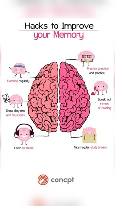 a poster with the words hacks to improve your memory in pink and red colors