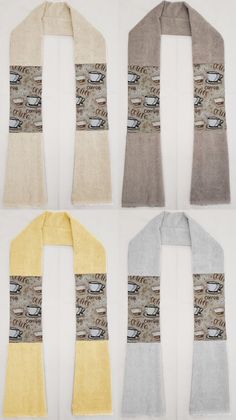 four scarfs with different designs on them, one is yellow and the other two are gray