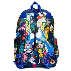 WondaPop Disney Nylon Backpacks are known for their whimsical Disney prints and designs. This beautiful, colorful backpack features bright lifelikeimages of Alice in Wonderlandincluding appearances from the Mad Hatter, the Cheshire Cat and the White Rabbit. The bag hasfabric straps for putting pins on. Back To School Backpack For Disney Fan Events, Multicolor Character Print Travel Bag, Themed Multicolor Standard Backpack, Multicolor Character Print Backpack, Disney Multicolor Backpack For Theme Park, Disney Backpack For School, Multicolor Disney Backpack For Theme Park, Disney Backpack For Theme Park And Back To School, Disney Themed Multicolor Bags For Fan Events