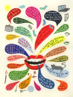 a poster with many different types of speech bubbles in the shape of a woman's mouth