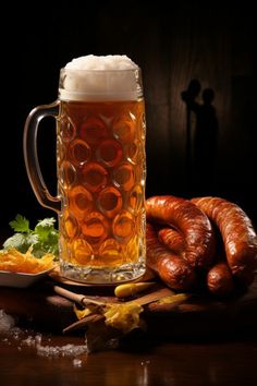 a mug of beer and some sausages on a table