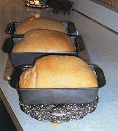 three loafs of bread sitting in pans on top of a counter next to each other