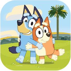 two cartoon dogs hugging each other in the grass