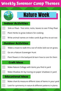 a green and white poster with the words nature week written in pink, blue, and green