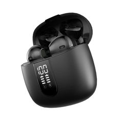 an image of two black earbuds in the case on a white back ground