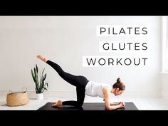 a woman doing a yoga pose with the words 15 min pilates glutes workout