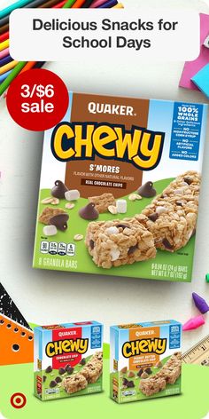 the back to school sale includes chewy bars, crayons and pencils