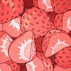 some strawberries are laying on top of each other in red and pink colors with white spots