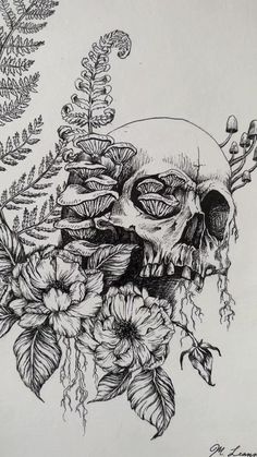 a drawing of a skull surrounded by flowers